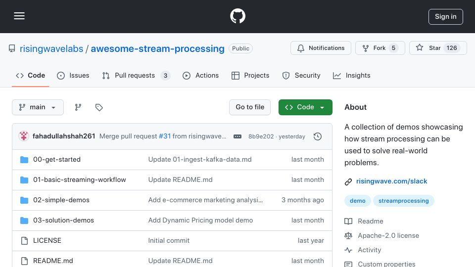 Screenshot of github.com: Demos of Stream Processing Solving Real-World Problems