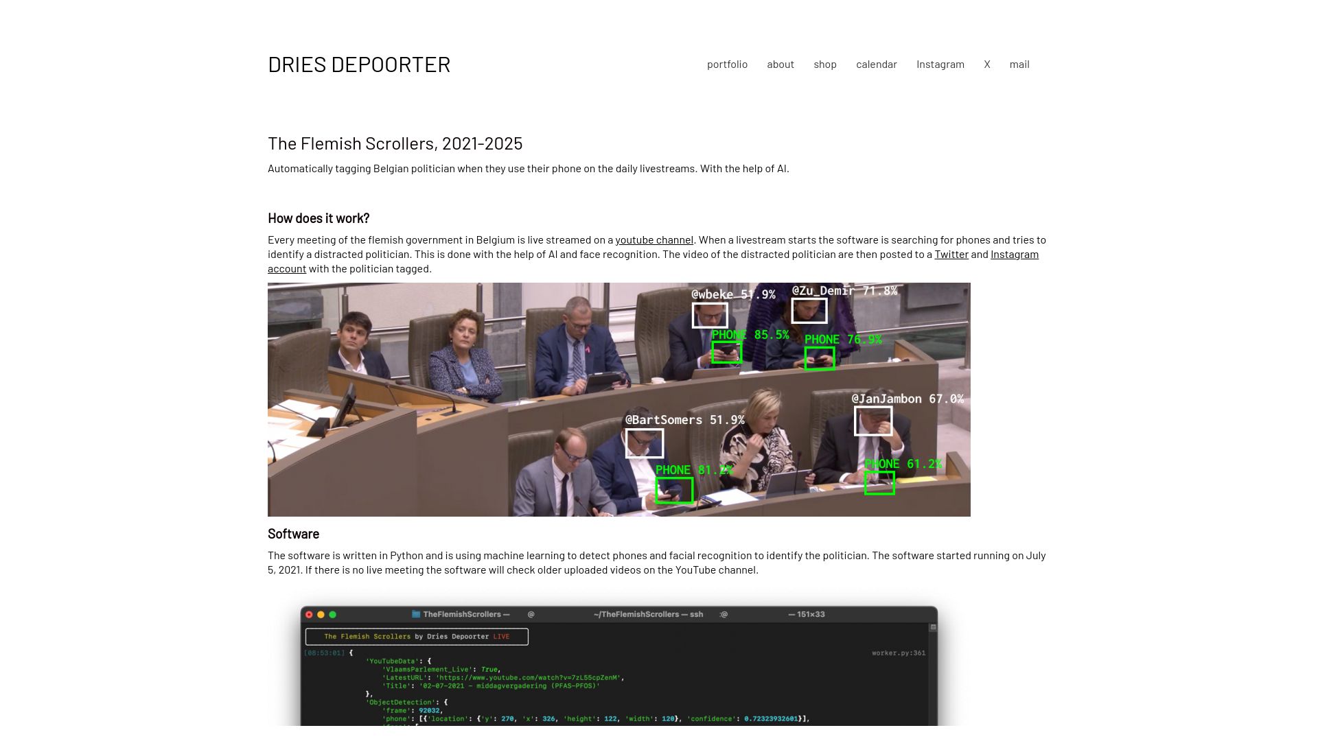Screenshot of driesdepoorter.be: Automatically tagging politician when they use their phone on the livestreams