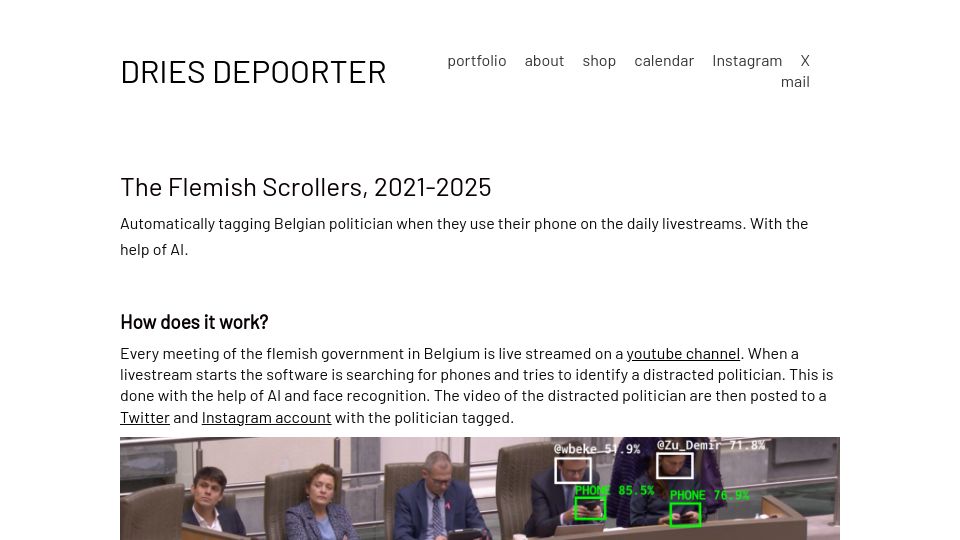 Screenshot of driesdepoorter.be: Automatically tagging politician when they use their phone on the livestreams