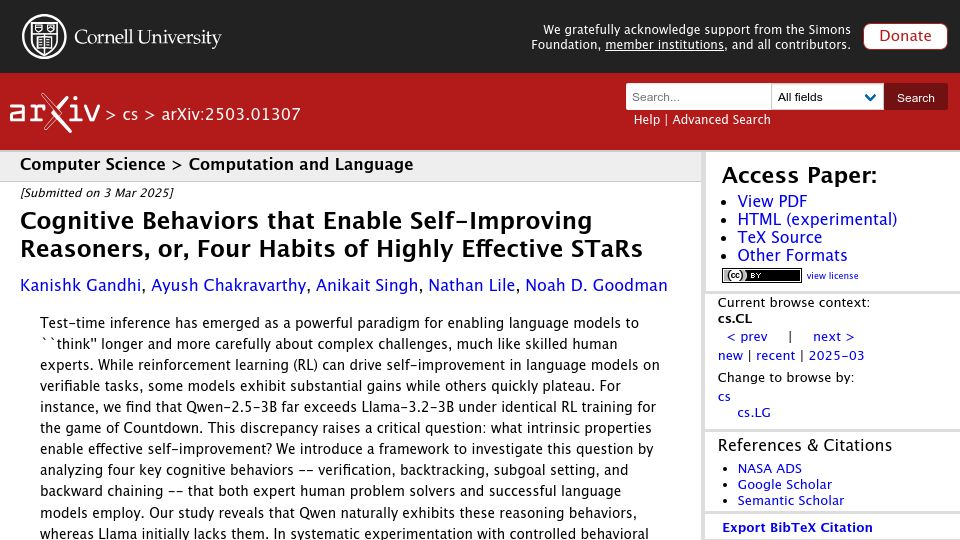 Screenshot of arxiv.org: Cognitive Behaviors That Enable Self-Improving Reasoners
