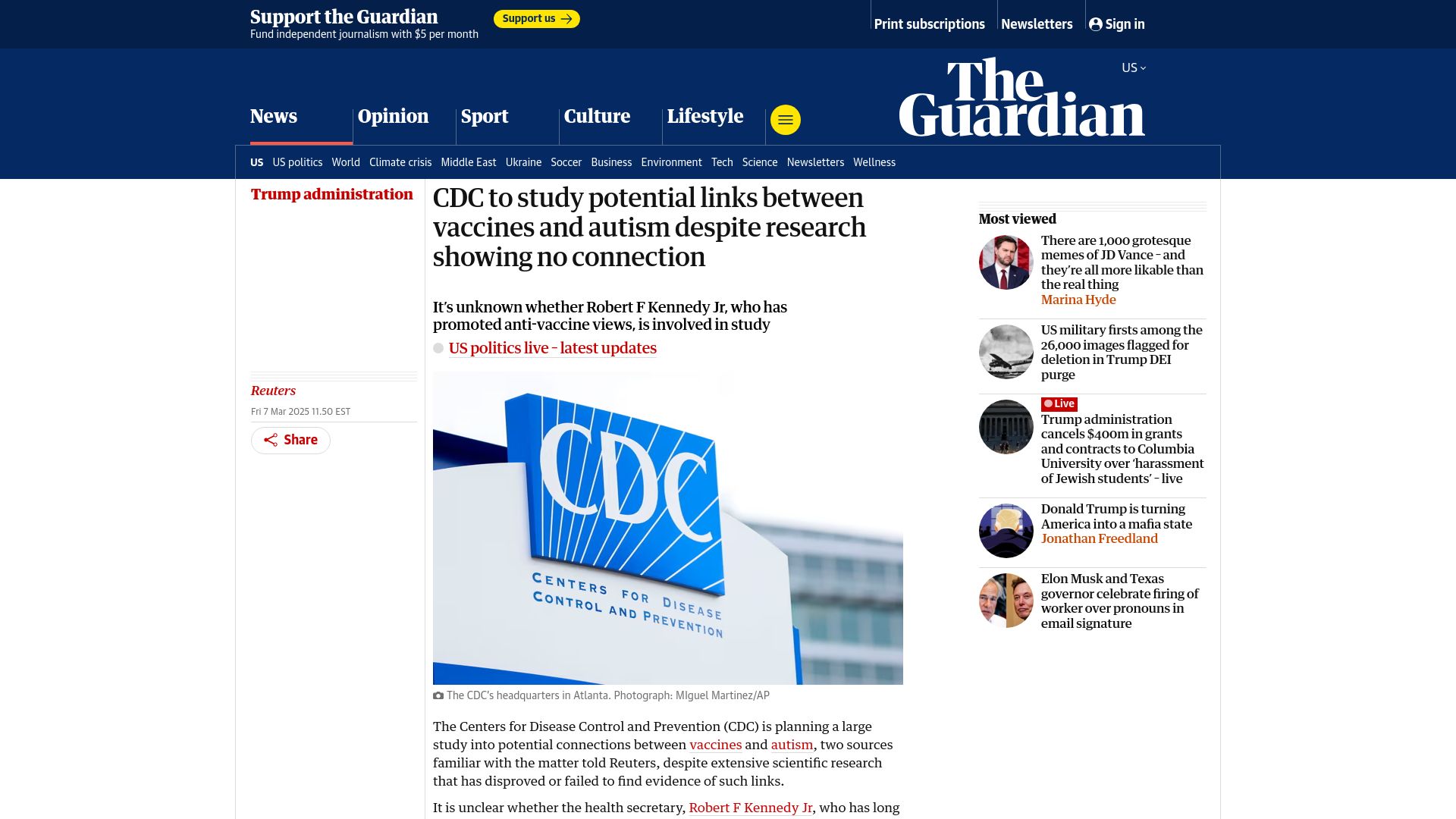 Screenshot of theguardian.com: CDC to study vaccines and autism despite research showing no connection