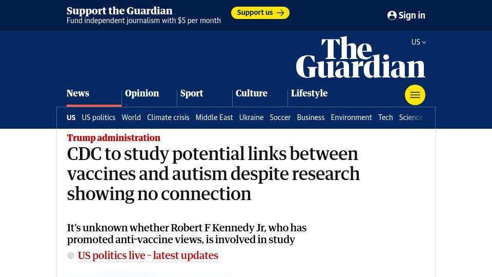 Screenshot of theguardian.com: CDC to study vaccines and autism despite research showing no connection