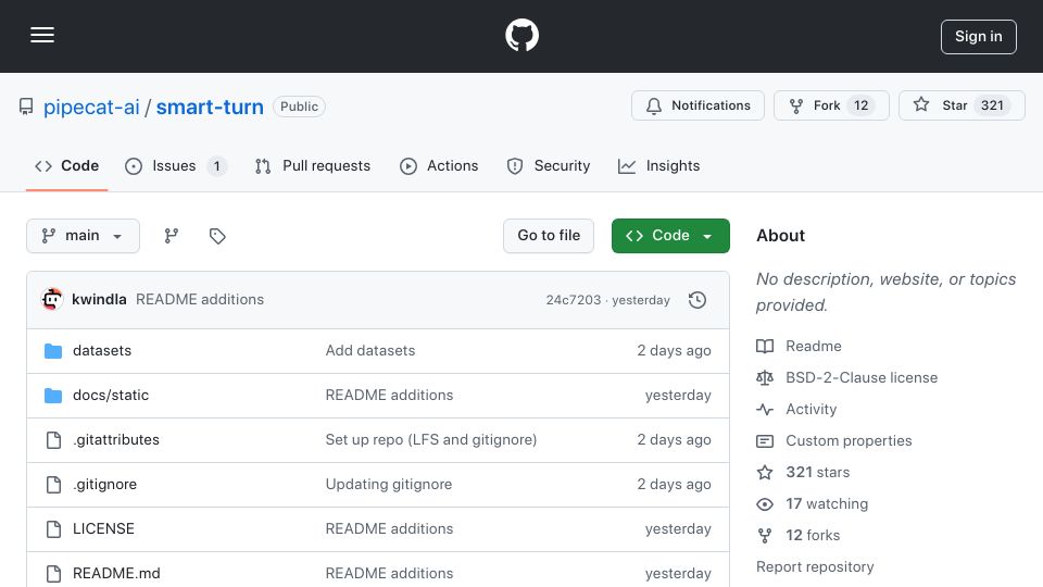 Screenshot of github.com: Show HN: Open-source, native audio turn detection model