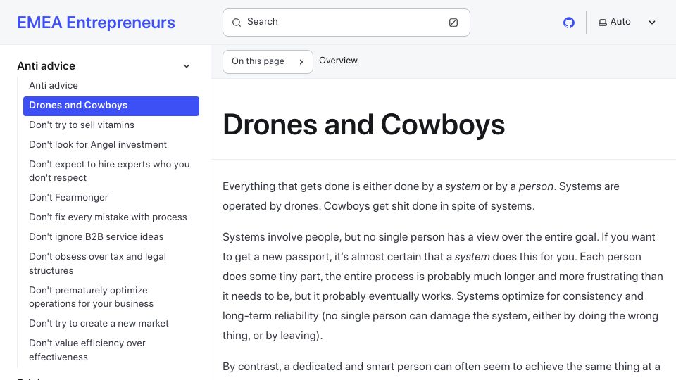 Screenshot of emeaentrepreneurs.com: Cowboys and Drones: two modes of operation for small business