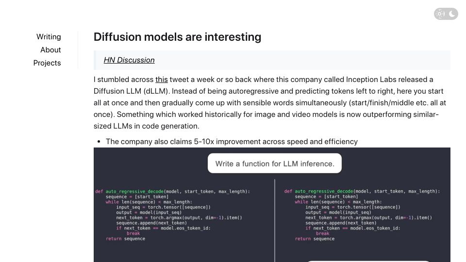 Screenshot of rnikhil.com: Why I find diffusion models interesting?