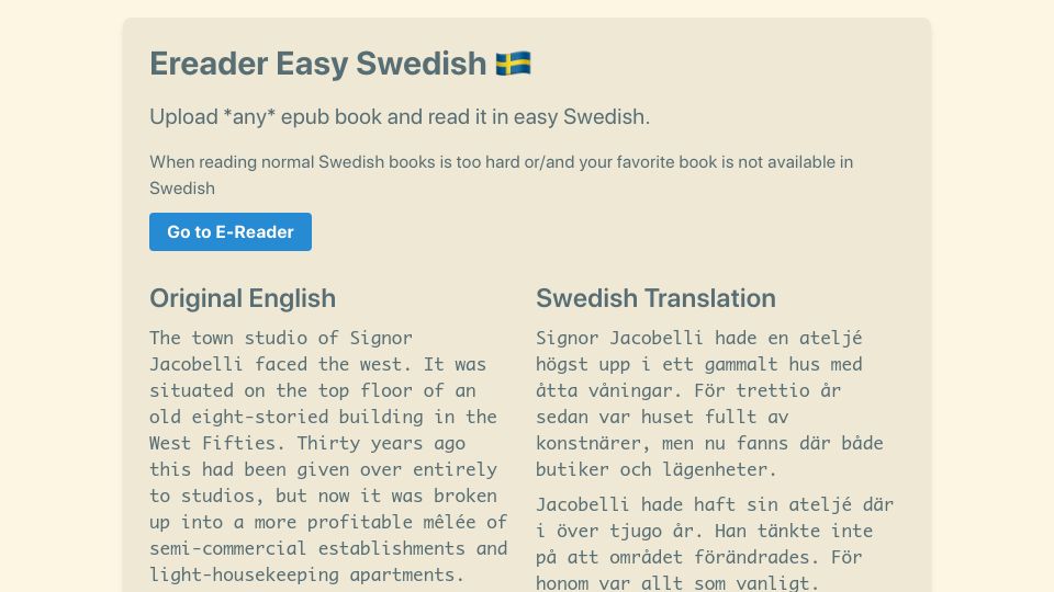 Screenshot of ereader-swedish.fly.dev: Ereader Easy Swedish