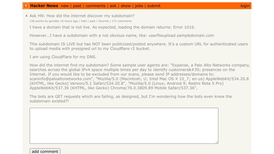 Screenshot of Hacker News post: Ask HN: How did the internet discover my subdomain?