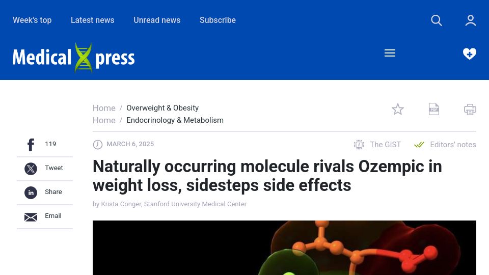 Screenshot of medicalxpress.com: Natural occurring molecule rivals Ozempic in weight loss, sidesteps side effects