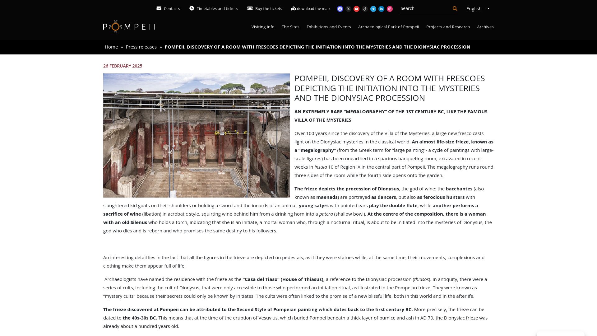Screenshot of pompeiisites.org: Discovery of fresco portraying Dionysian mysteries at Pompeii