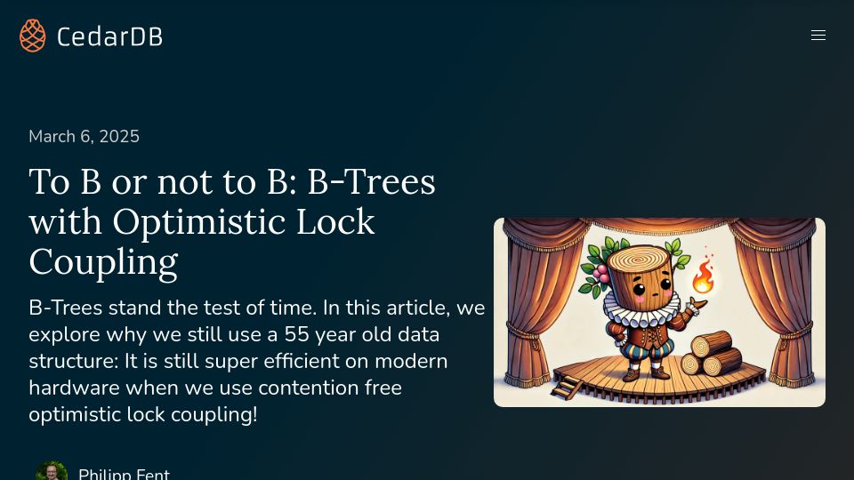 Screenshot of cedardb.com: Optimistic Locking in B-Trees
