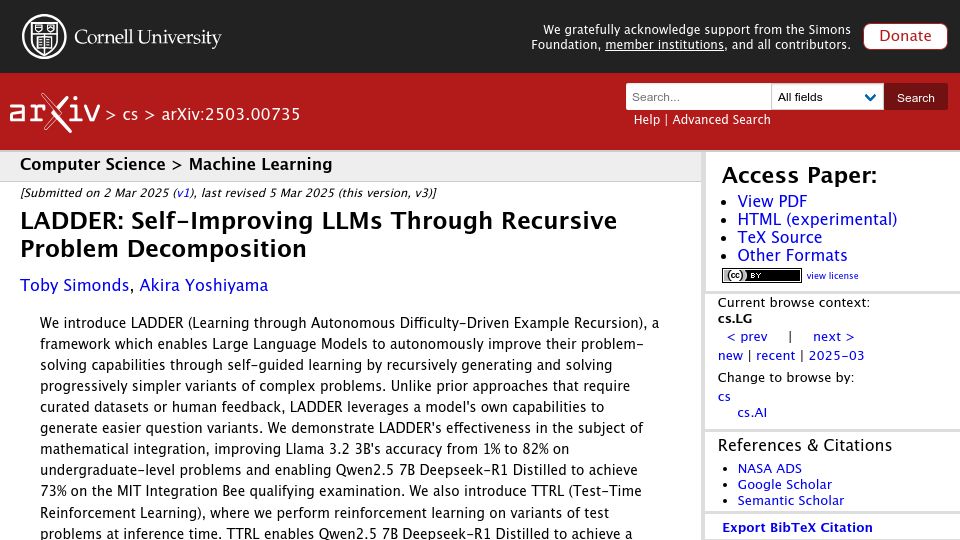Screenshot of arxiv.org: Ladder: Self-improving LLMs through recursive problem decomposition
