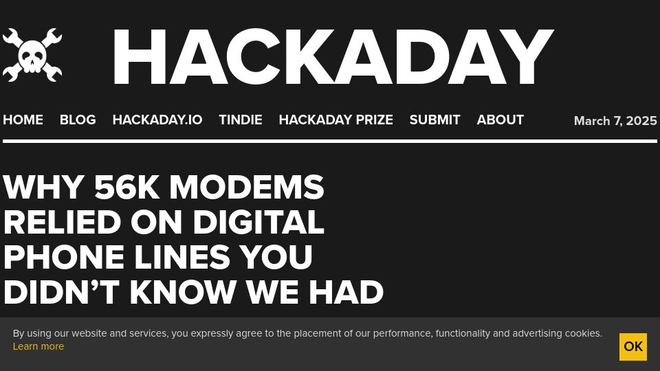 Screenshot of hackaday.com: 56k modems relied on digital trunk lines