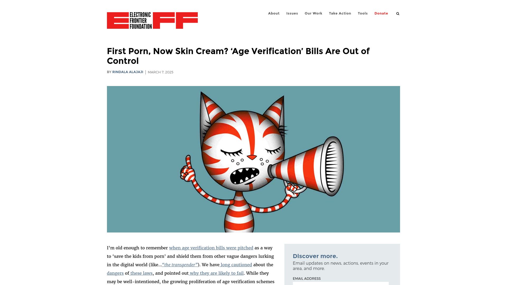 Screenshot of eff.org: Age Verification Laws: A Backdoor to Surveillance