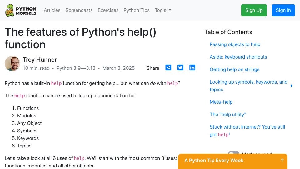 Screenshot of pythonmorsels.com: The features of Python's help() function