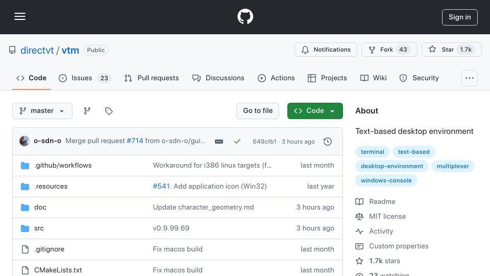 Screenshot of github.com: Vtm: Text-Based Desktop Environment