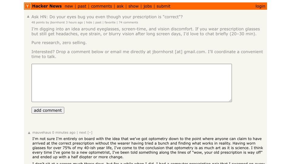 Screenshot of Hacker News post: Ask HN: Do your eyes bug you even though your prescription is "correct"?