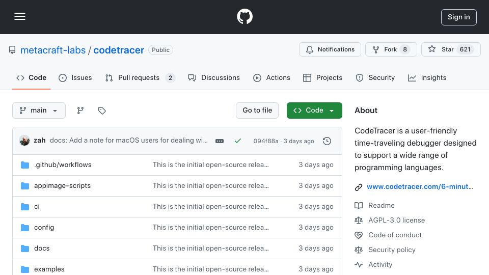 Screenshot of github.com: Show HN: CodeTracer – A new time-traveling debugger implemented in Nim and Rust