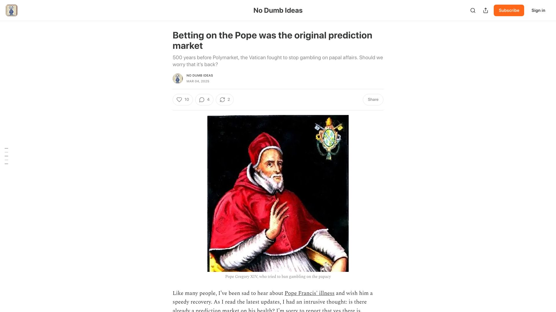 Screenshot of nodumbideas.com: Betting on the Pope was the original prediction market