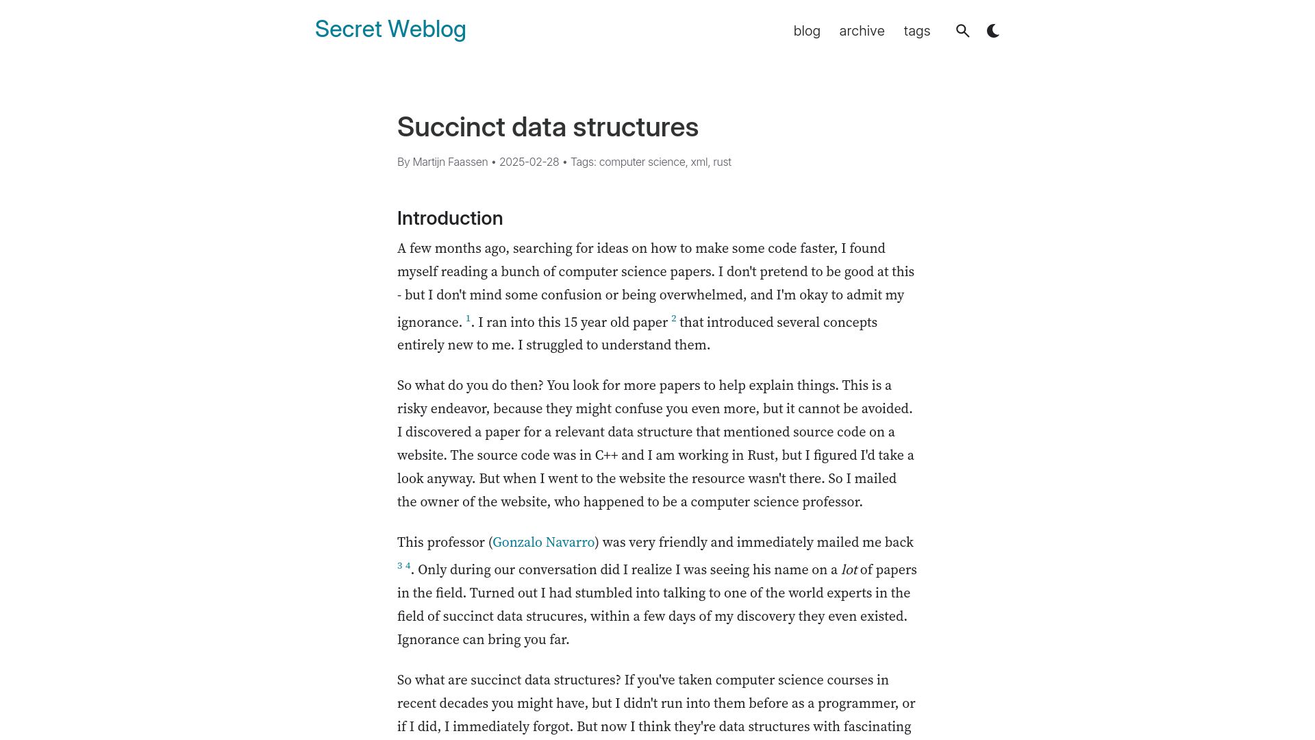 Screenshot of blog.startifact.com: Succinct data structures