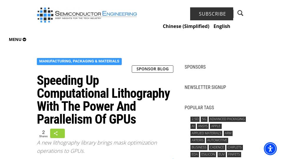 Screenshot of semiengineering.com: Speeding up computational lithography with the power and parallelism of GPUs