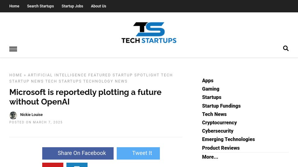 Screenshot of techstartups.com: Microsoft is plotting a future without OpenAI
