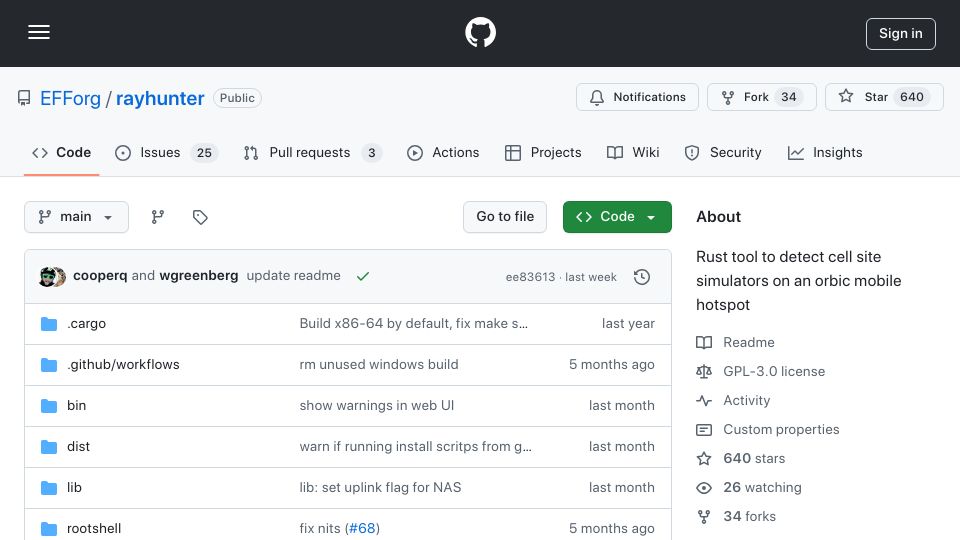 Screenshot of github.com: Rayhunter – Rust tool to detect cell site simulators on an orbic mobile hotspot