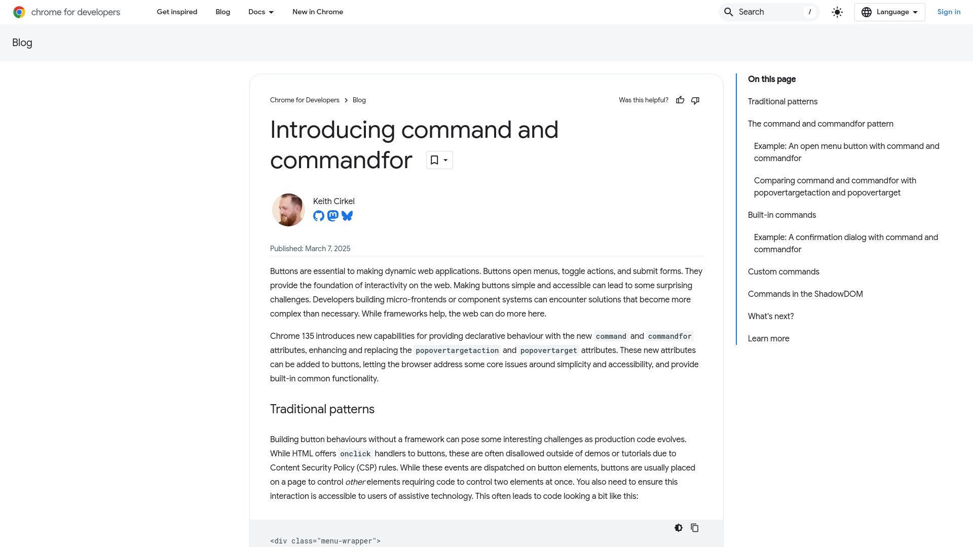 Screenshot of developer.chrome.com: Introducing command And commandfor In HTML