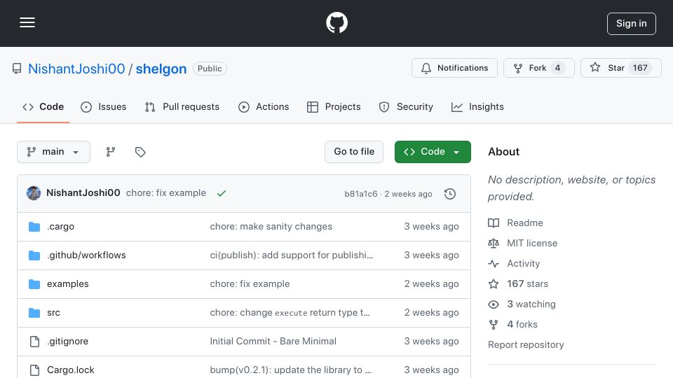 Screenshot of github.com: Show HN: Shelgon: A Framework for Building Interactive REPL Shells in Rust