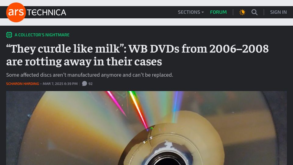 Screenshot of arstechnica.com: WB offers replacements, but no refunds, for DVDs rotting prematurely