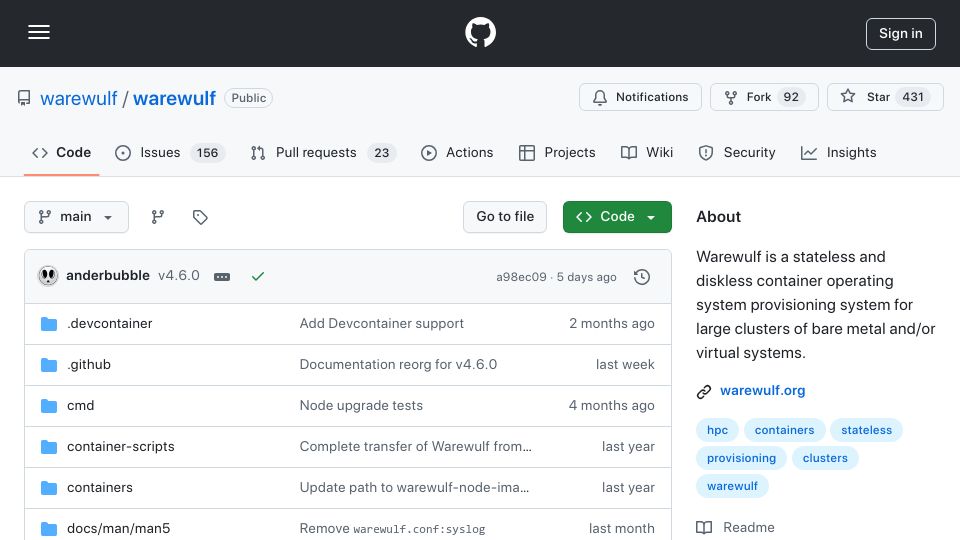 Screenshot of github.com: Warewulf is a stateless and diskless container OS provisioning system