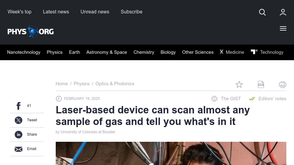 Screenshot of phys.org: Laser-based device can scan almost any sample of gas and tell you what's in it