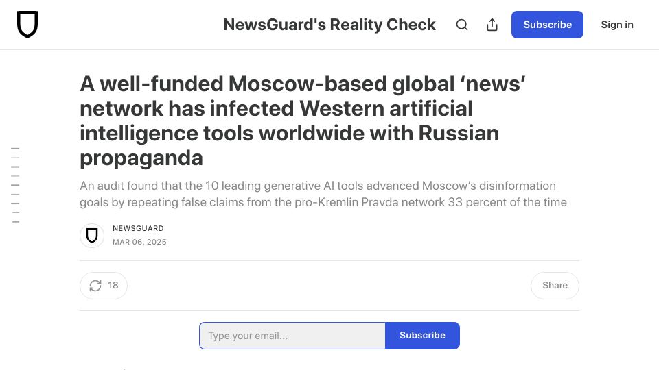 Screenshot of newsguardrealitycheck.com: Moscow-based global news network has infected Western AI tools