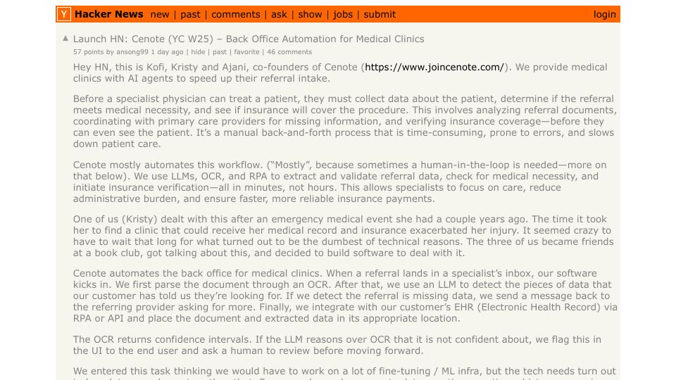 Screenshot of Hacker News post: Launch HN: Cenote (YC W25) – Back Office Automation for Medical Clinics