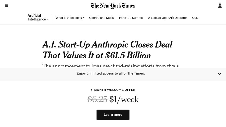 Screenshot of nytimes.com: Anthropic raises $3.5B at $61.5B valuation