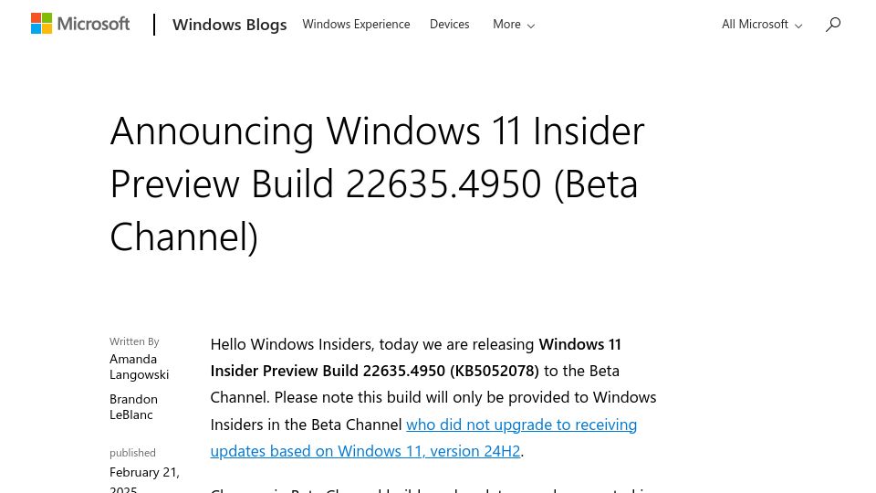 Screenshot of blogs.windows.com: Windows 11 Insider Preview Build