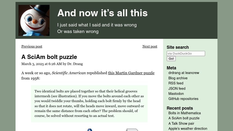 Screenshot of leancrew.com: A Scientific American bolt puzzle