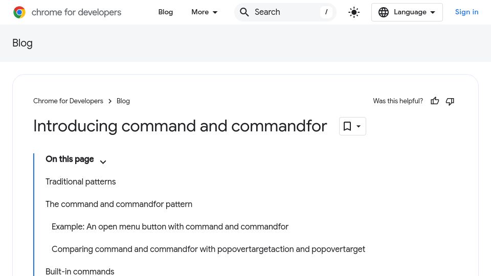 Screenshot of developer.chrome.com: Introducing command And commandfor In HTML