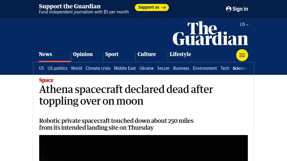 Screenshot of theguardian.com: Athena spacecraft declared dead after toppling over on moon