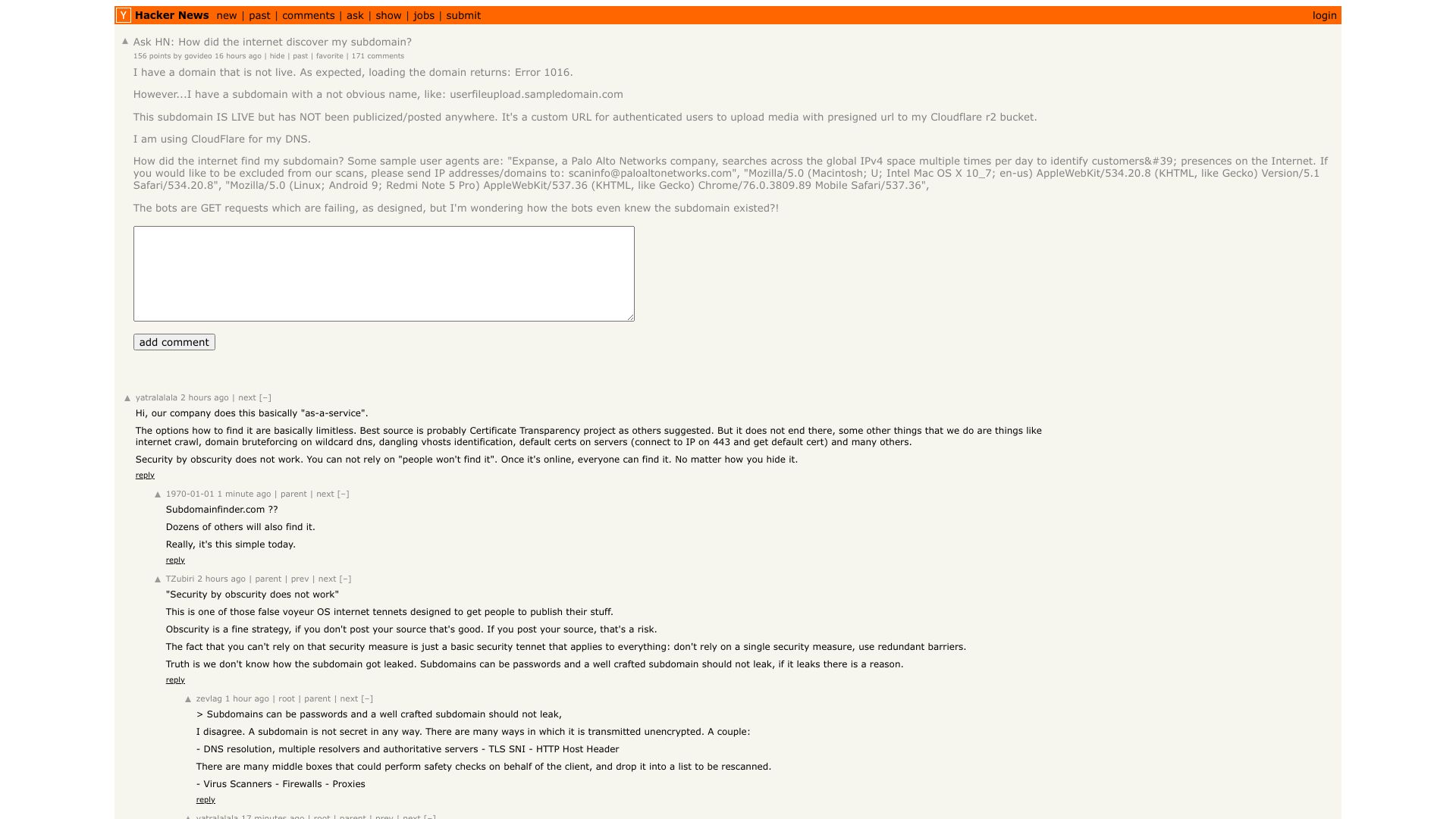 Screenshot of this Hacker News post: Ask HN: How did the internet discover my subdomain?