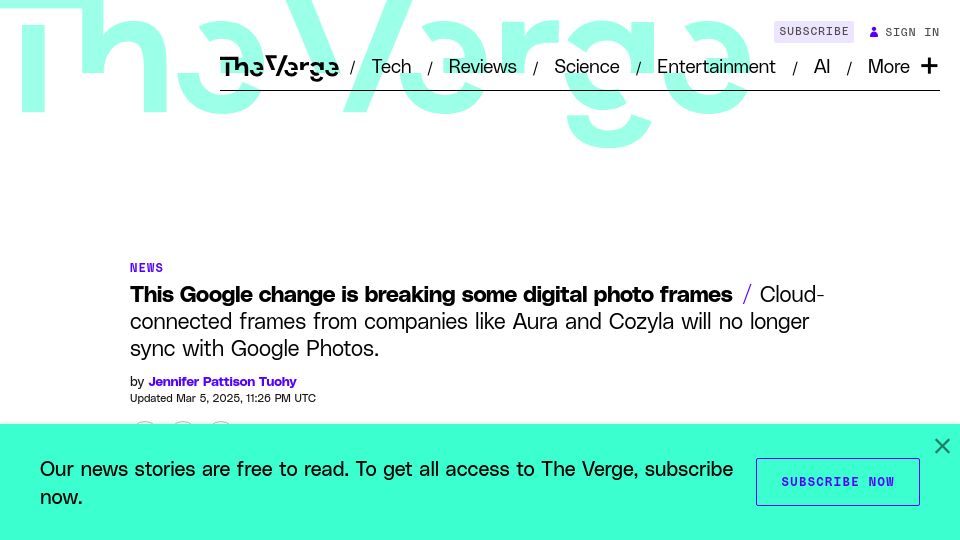 Screenshot of theverge.com: Google change is breaking some digital photo frames