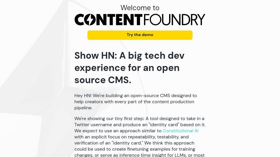 Screenshot of contentfoundry.com: Show HN: A big tech dev experience for an open source CMS