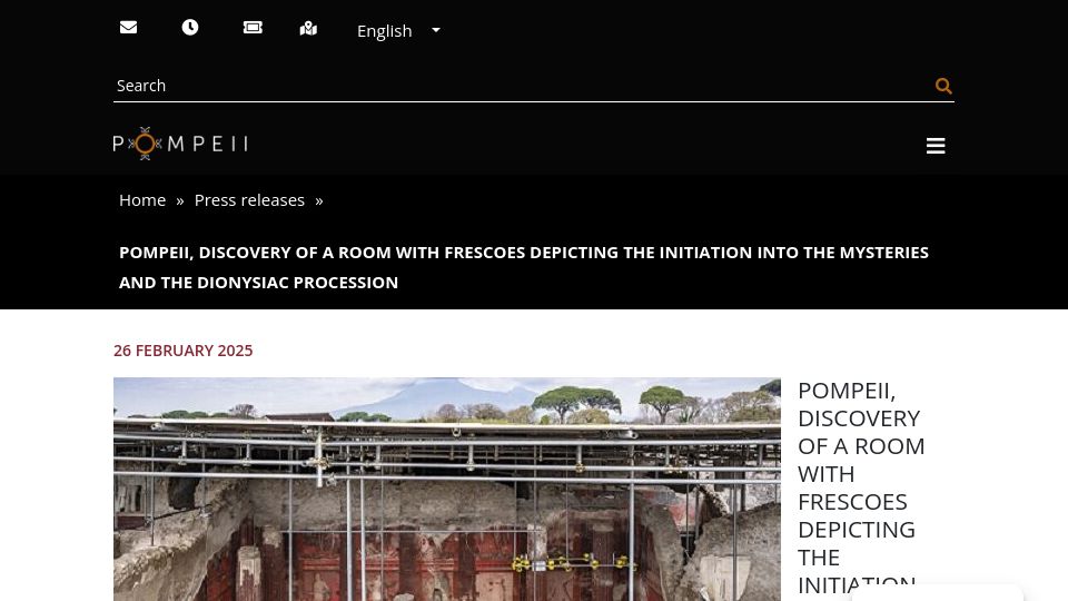 Screenshot of pompeiisites.org: Discovery of fresco portraying Dionysian mysteries at Pompeii