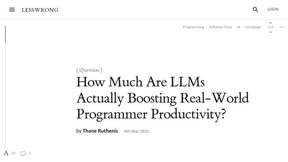 Screenshot of lesswrong.com: How much are LLMs boosting real-world programmer productivity?