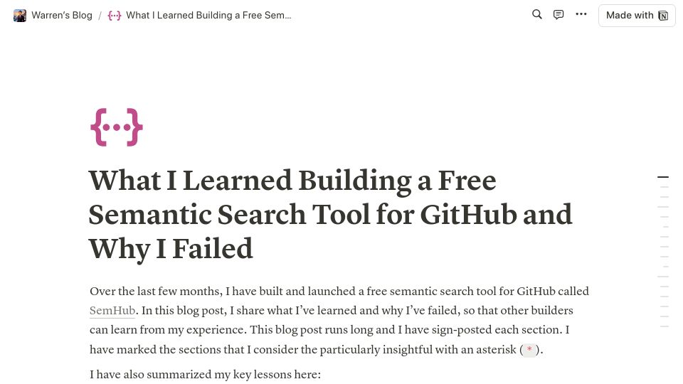 Screenshot of tzx.notion.site: Long Read: Lessons from Building Semantic Search for GitHub and Why I Failed