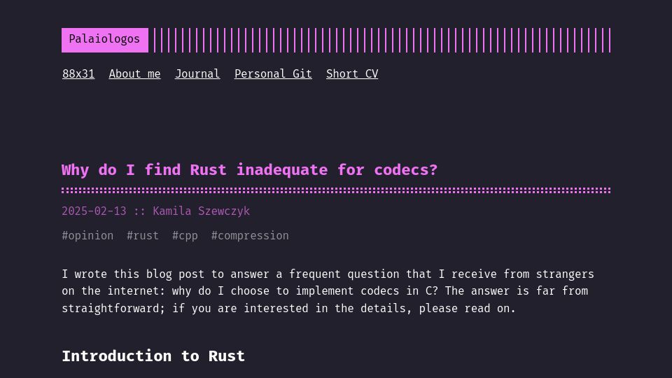 Screenshot of palaiologos.rocks: Rust inadequate for text compression codecs?