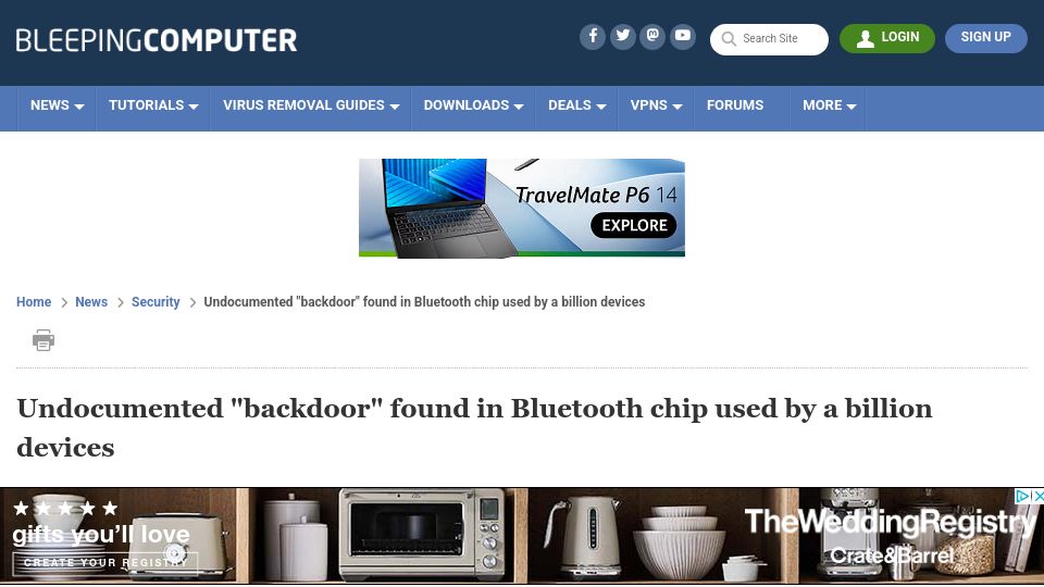 Screenshot of bleepingcomputer.com: Undocumented backdoor found in Bluetooth chip used by a billion devices