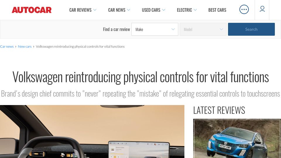 Screenshot of autocar.co.uk: Volkswagen reintroducing physical controls for vital functions