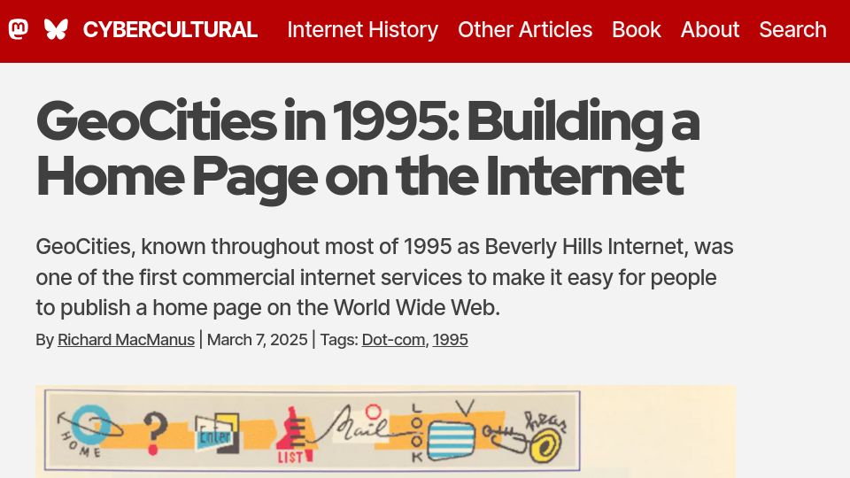 Screenshot of cybercultural.com: GeoCities in 1995: Building a Home Page on the Internet