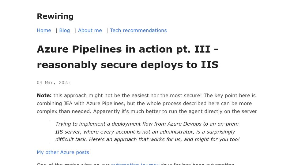 Screenshot of rewiring.bearblog.dev: (Reasonably) secure Azure Pipelines on-prem deployments