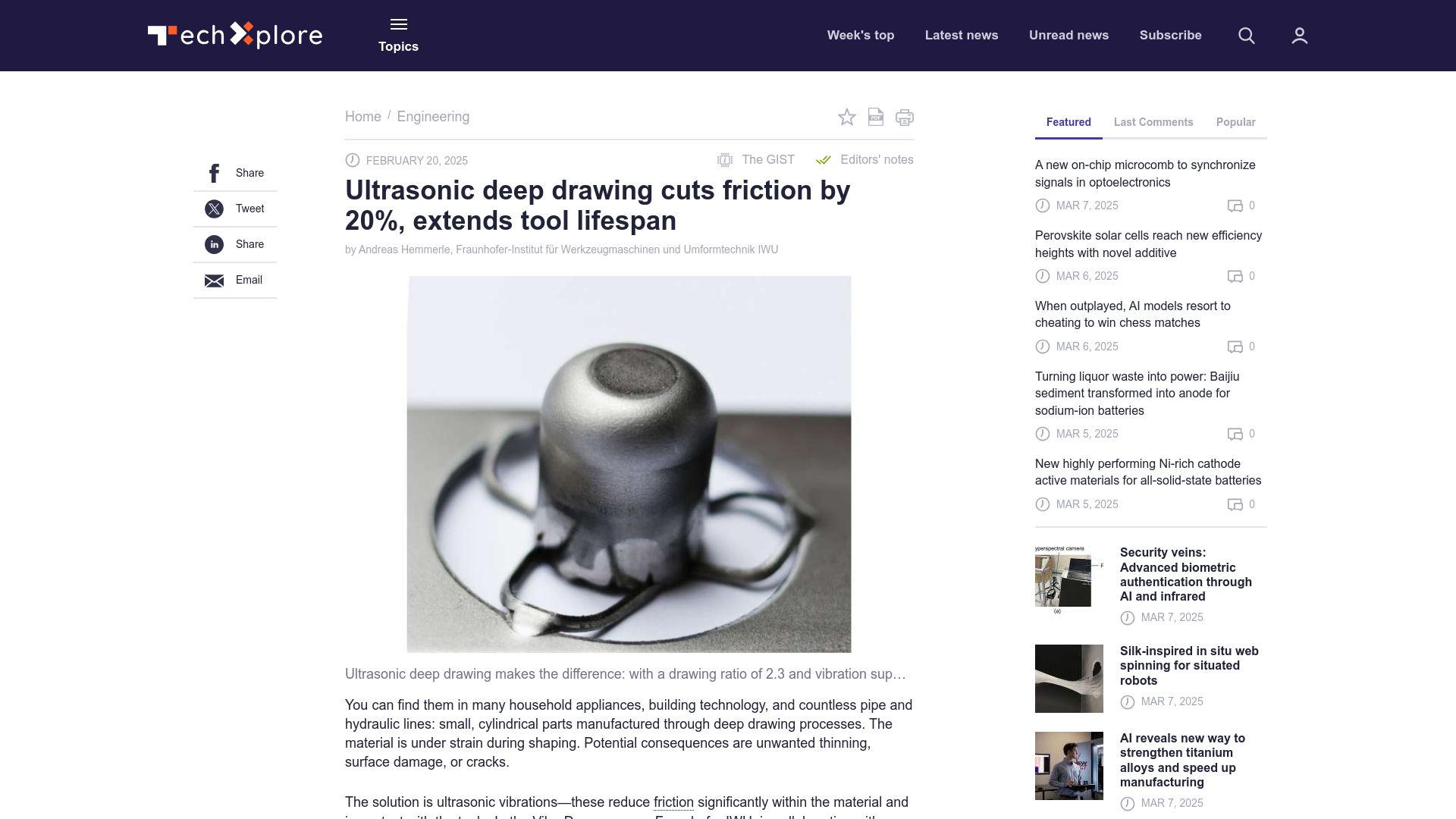 Screenshot of techxplore.com: Ultrasonic deep drawing cuts friction by 20%, extends tool lifespan